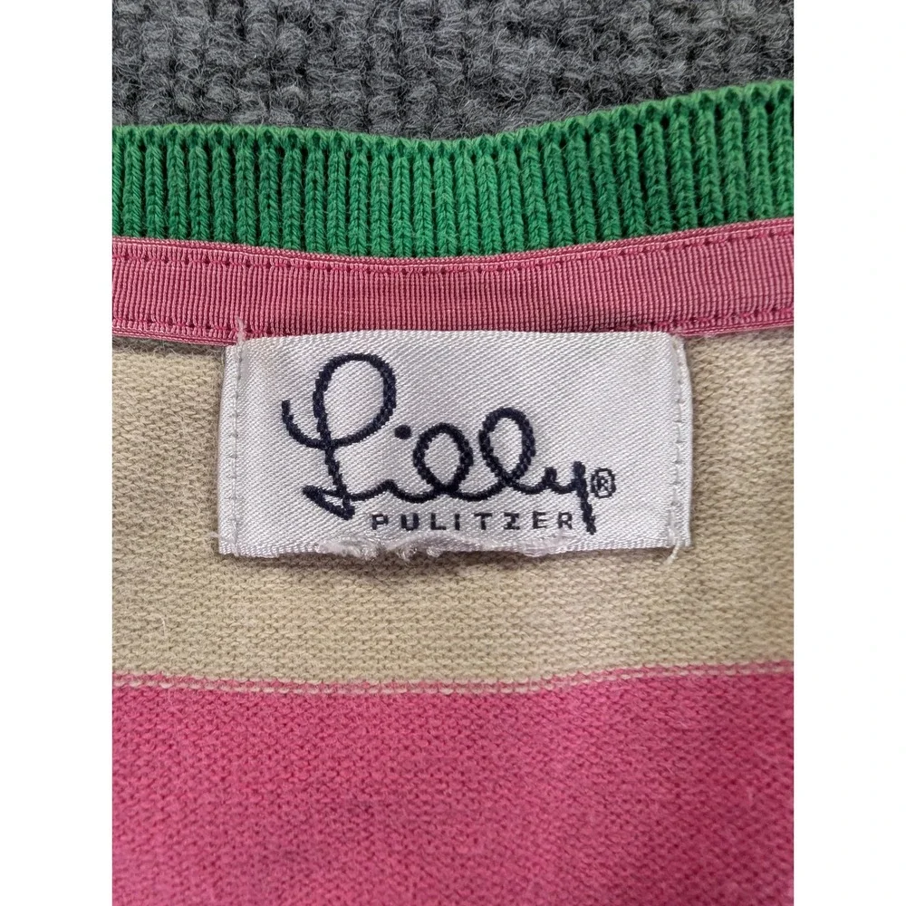 Lilly Pulitzer Vintage Pink Tan Striped V-Neck Sweater Logo Green Trim Large